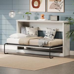 Twin Size Horizontal Murphy Bed Cabinet, Space-Saving White