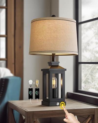 Retro Farmhouse Black Table Lamp with USB Ports