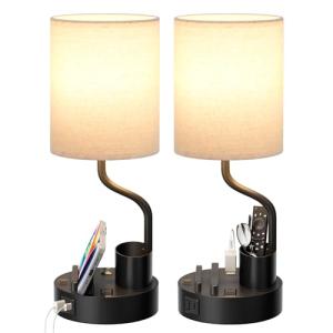 Set of 2 Bedside Table Lamps with USB Charging
