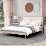 Beige Velvet Queen Upholstered Platform Bed Frame