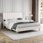 Beige Velvet Queen Platform Bed Frame with Headboard