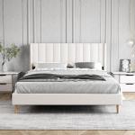 Beige Velvet Queen Platform Bed Frame with Headboard
