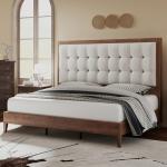 Queen Solid Wood Bed Frame with Upholstered Headboard