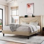 Queen Size Upholstered Bed Frame with Charging Station