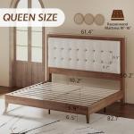 Queen Solid Wood Bed Frame with Upholstered Headboard