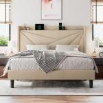 Queen Size Upholstered Bed Frame with Charging Station
