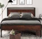 Queen Size Metal Platform Bed with Wooden Headboard