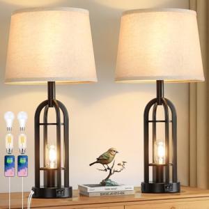 Black Farmhouse Table Lamps with USB - Set of 2