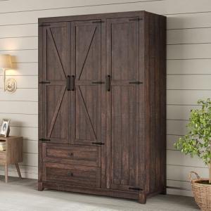 Farmhouse 3-Door Wardrobe with Drawers and Rod