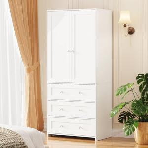 VOWNER Large Wooden Wardrobe with Mirror and Drawers