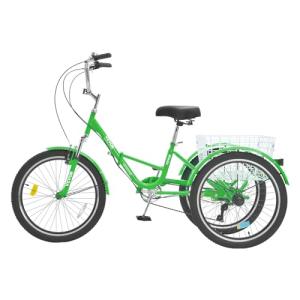 VEVOR Folding Adult Tricycle, 24-Inch 7-Speed Adult Folding Trikes, Carbon Steel 3 Wheel Cruiser Bike with Basket & Adjustable Seat, Shopping Picnic Foldable Tricycles for Women, Men, Seniors (Green)