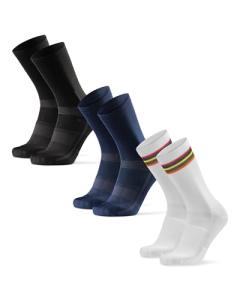 DANISH ENDURANCE Cycling Socks, Crew Length, Breathable, Cushioned, Biking Socks for Men & Women, 3 & 5-Pack, Multicolor (1 X Stripes, 1 X Black, 1 X Blue), Large