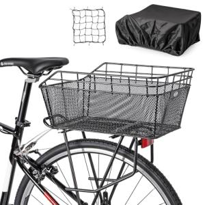 Rear Bike Basket - Large Bicycle Rear Basket with Cargo Net and Waterproof Cover, Wire Bike Baskets Rear Large Capacity (NO Bike Rack Include)