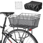 Rear Bike Basket - Large Bicycle Rear Basket with Cargo Net and Waterproof Cover, Wire Bike Baskets Rear Large Capacity (NO Bike Rack Include)