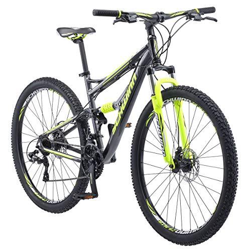 Schwinn Traxion Mountain Bike for Adult Men Women, 29-Inch Wheels, Full Suspension, 24-Speed Shimano Drivetrain, Trigger Shifter, 18-Inch Aluminum Frame, Mechanical Disc Brake, Matte Grey/Neon Green