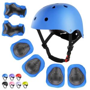 WayEee Kids Bike Helmet Set Skateboard Knee Pads, 7PCS Protective Gear Adjustable for Girls Boys 3-10 Age Elbow Pads Wrist Guards for Outdoor Sports Cycling Bike Roller Skating Scooter, Youth, Blue
