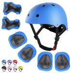 WayEee Kids Bike Helmet Set Skateboard Knee Pads, 7PCS Protective Gear Adjustable for Girls Boys 3-10 Age Elbow Pads Wrist Guards for Outdoor Sports Cycling Bike Roller Skating Scooter, Youth, Blue