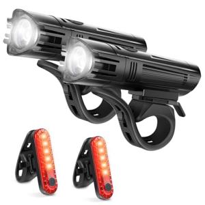 Ascher Ultra Bright USB Rechargeable Bike Light Set, Powerful Bicycle Front Headlight and Back Taillight, 4 Light Modes, Easy to Install for Men Women Road Mountain Cycling Black, Set of 2