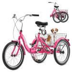 VIRIBUS Folding Tricycle for Adults, 20 inch Foldable Adult Tricycle, Folding 3 Wheel Bikes with Basket for Short Women Seniors, 1 Speed Collapsible Trike 330lb. Capacity, Three Wheeler Hot Pink