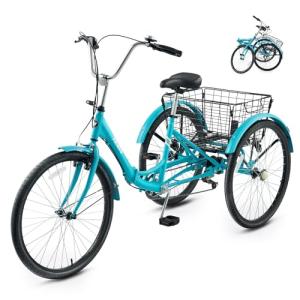 VIRIBUS Folding Tricycle for Adults, 7 Speed Foldable Adult Tricycle with Removable Wheeled Basket, Folding 3 Wheel Bikes for Adults Men Male Seniors 26 inch, Collapsible Trike 330 LB. Teal