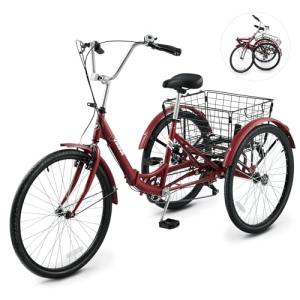 VIRIBUS Folding Tricycle for Adults, 7 Speed Foldable Adult Tricycle with Removable Wheeled Basket, Folding 3 Wheel Bikes for Adults Men Male Seniors 24 inch, Collapsible Trike 330 LB. Red