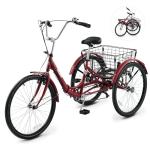 VIRIBUS Folding Tricycle for Adults, 7 Speed Foldable Adult Tricycle with Removable Wheeled Basket, Folding 3 Wheel Bikes for Adults Men Male Seniors 24 inch, Collapsible Trike 330 LB. Red