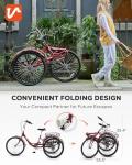 VIRIBUS Folding Tricycle for Adults, 7 Speed Foldable Adult Tricycle with Removable Wheeled Basket, Folding 3 Wheel Bikes for Adults Men Male Seniors 24 inch, Collapsible Trike 330 LB. Red