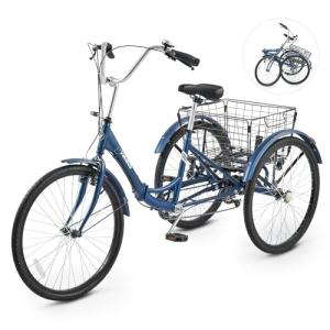 VIRIBUS Folding Tricycle for Adults, 7 Speed Foldable Adult Tricycle with Removable Wheeled Basket, Folding 3 Wheel Bikes for Adults Men Male Seniors 26 inch, Collapsible Trike 330 LB. Blue