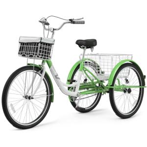 VIRIBUS Adult Tricycle, Single Speed Tricycle for Adults with Front & Rear Detachable Wheeled Baskets, 3 Wheel Bikes for Adults Women Men Seniors 1 Speed, 400 lb. Capacity Three Wheeler, 26 inch Sage
