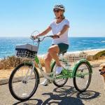 VIRIBUS Adult Tricycle, Single Speed Tricycle for Adults with Front & Rear Detachable Wheeled Baskets, 3 Wheel Bikes for Adults Women Men Seniors 1 Speed, 400 lb. Capacity Three Wheeler, 26 inch Sage