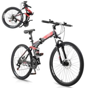 CamPingSurvivals 24/26/27.5 Inch Folding Bikes for Adults 21 Speed Mountain Bike, Adult Bicycle with High Carbon Steel Frame, Full Suspension, Dual Disc Brake and Adjustable Ergonomic Seat(26" Black)