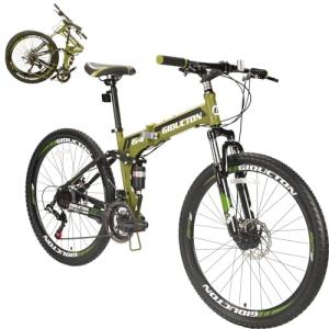 EUROBIKE Folding Bike,26 Inch Folding Full Suspension Mountain Bike,Dual Disc Brake 21 Speed Bicycle for Adults Men or Women (Green Aluminium Rims)