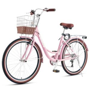 VIRIBUS Beach Cruiser Bike for Women, 26 inch Womens Bike, 7 Speed Cruiser Bikes with Rattan Basket, City Commuter Vintage Retro Step Through Bicycle for Petite Female Ladies Seniors, Pink, 330 Lb.