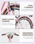VIRIBUS Beach Cruiser Bike for Women, 26 inch Womens Bike, 7 Speed Cruiser Bikes with Rattan Basket, City Commuter Vintage Retro Step Through Bicycle for Petite Female Ladies Seniors, Pink, 330 Lb.