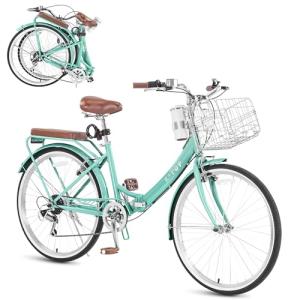 24/26 Inch Foldable Beach Cruiser Bike for Womens, 7 Speed Womens Bike with Basket and Coffee Cup, Commuting Bicycles for Women, Lightweight Complete Cruiser Bikes Bicycle for Ladies​​ Adults