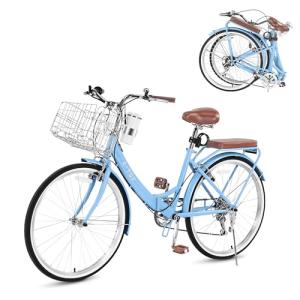 24/26 Inch Beach Cruiser Bike for Women Folding Bikes, 7-Speed Womens Bike with Basket and Coffee Cup, Womens Foldable Bicycle Commuter Bikes for Adults, Adjustable Seat & Dual V-Type Brakes