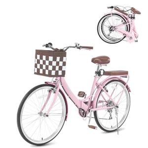 BGGFNZ 26 Inch Foldable Beach Cruiser Bike Womens Bicycle with Basket, 7 Speed Bikes for Women, Womens Bike Commuter Bicycle for Adult, Dual V-Brake Complete Cruiser Bikes, 330lbs Capacity (Pink)