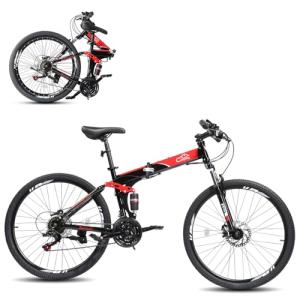 CamPingSurvivals 26/27.5 Inch Foldable Bike Folding Bike with 21 Speed, One Touch Folding, Dual Disc Type Brakes, Adjustable Seat, Full Suspension, Folding Bicycle for Men/Women/Senior (27.5" Black)