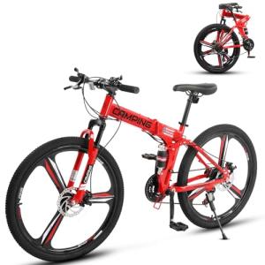 CamPingSurvivals 26" Foldable Bike, 21 Speeds Folding Bikes for Adults, Bicycle for Men & Women with Full-Suspension, Double-Walled Tire, Dual Disc Brake, Quick Release and Unique Wheel Look(Red)