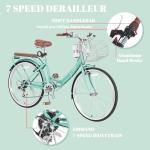 24/26 Inch Foldable Beach Cruiser Bike for Womens, 7 Speed Womens Bike with Basket and Coffee Cup, Commuting Bicycles for Women, Lightweight Complete Cruiser Bikes Bicycle for Ladies​​ Adults