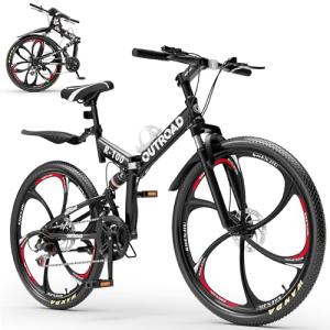 MarKnig 26 Inch Adult Folding Bikes/Mountain Bikes, 21 Speeds Mountain Bicycles with Full Suspension, Dual Disc Brake, High Carbon Steel Frame, Foldable Bike for Men/Women/Teen, HM-Black