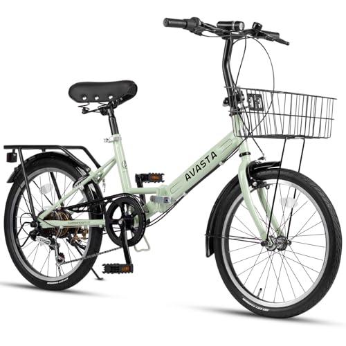 AVASTA 20 Inch Folding Bike for Men Male and Women Female with 7-Speed, Dual C-Brake, Fender, Rear Rack and Bicycle Basket, Green