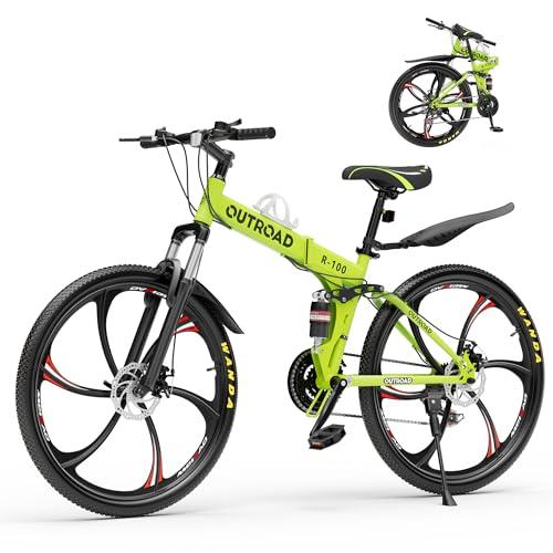 Brightpeak 26" Folding Mountain Bike - 21-Speed Gears, Full Suspension, Dual Disc Brakes, High-Carbon Steel Frame, Quick-Release Foldable Design for Adults & Teens (Green)
