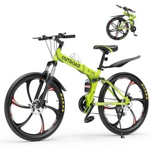 Brightpeak 26" Folding Mountain Bike - 21-Speed Gears, Full Suspension, Dual Disc Brakes, High-Carbon Steel Frame, Quick-Release Foldable Design for Adults & Teens (Green)