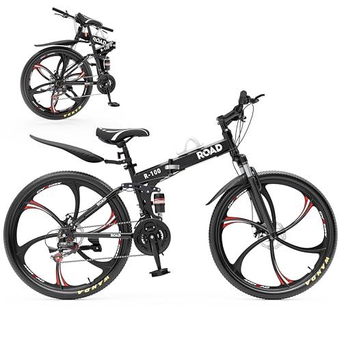 Outroad 26 Inch Folding Mountain Bike, 21 Speed Full Suspension High-Carbon Steel MTB Foldable Bicycle, Dual Disc Brake Adjustable Seat and Non-Slip Folding Bikes for Adults/Women/Men,Black