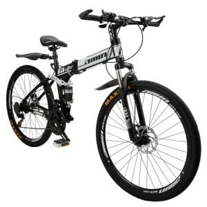 Bruce & Shark 26" Folding Mountain Bike for Men, 21 Speeds Full Suspension Commuter Bicycle, High Carbon Steel & Disc Brakes, Portable City Outdoor Bike for Adult Youth Teen