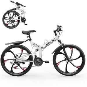MarKnig 26 Inch Adult Folding Bikes, Mountain Bicycles with Full Suspension, Dual Disc Brake, High Carbon Steel Frame, Foldable Bike for Men/Women/Teen, HM-White