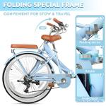 kaiwrxin 26 Inch Folding Beach Cruiser Bike for Women, 7-Speed Ladies Bike with Basket & Rack (Blue)