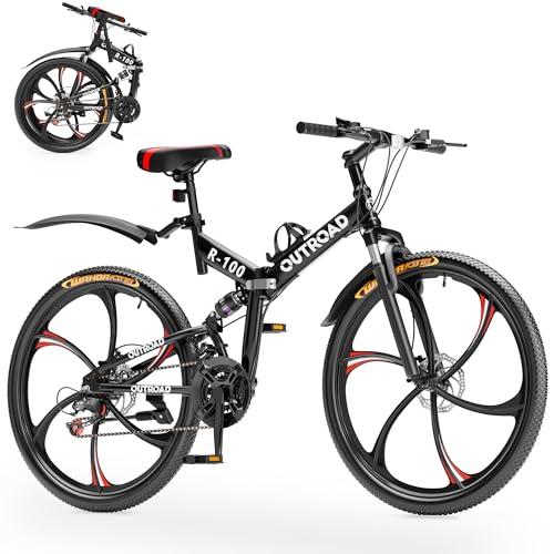 MarKnig 26 Inch Adult Folding Bikes, Mountain Bicycles with Full Suspension, Dual Disc Brake, High Carbon Steel Frame, Foldable Bike for Men/Women/Teen, （HM-Black）