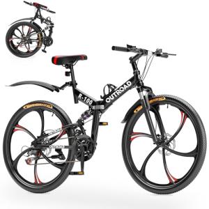 MarKnig 26 Inch Adult Folding Bikes, Mountain Bicycles with Full Suspension, Dual Disc Brake, High Carbon Steel Frame, Foldable Bike for Men/Women/Teen, （HM-Black）